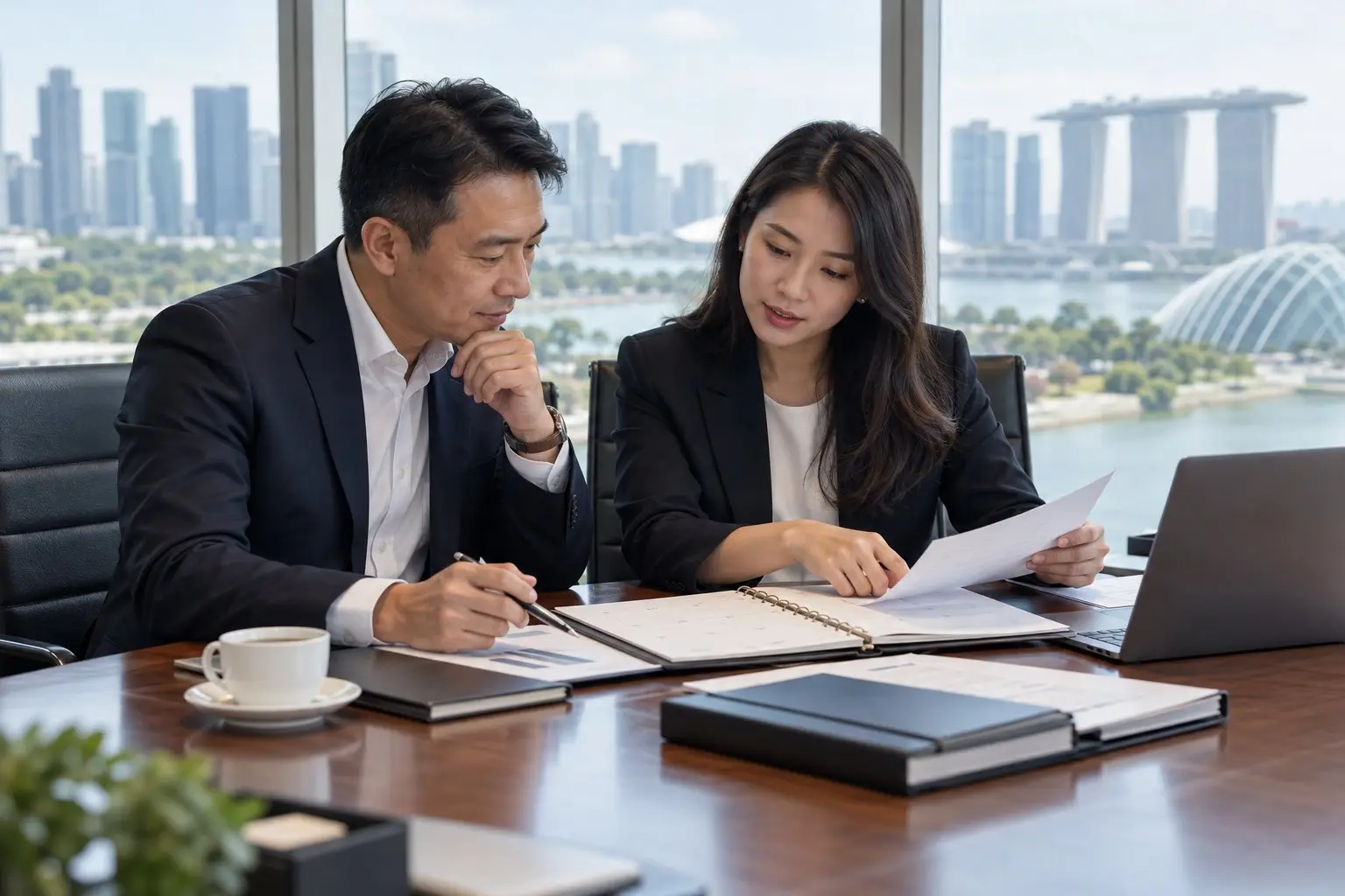 Two professionals reviewing company documents at a boardroom table in a Singapore office