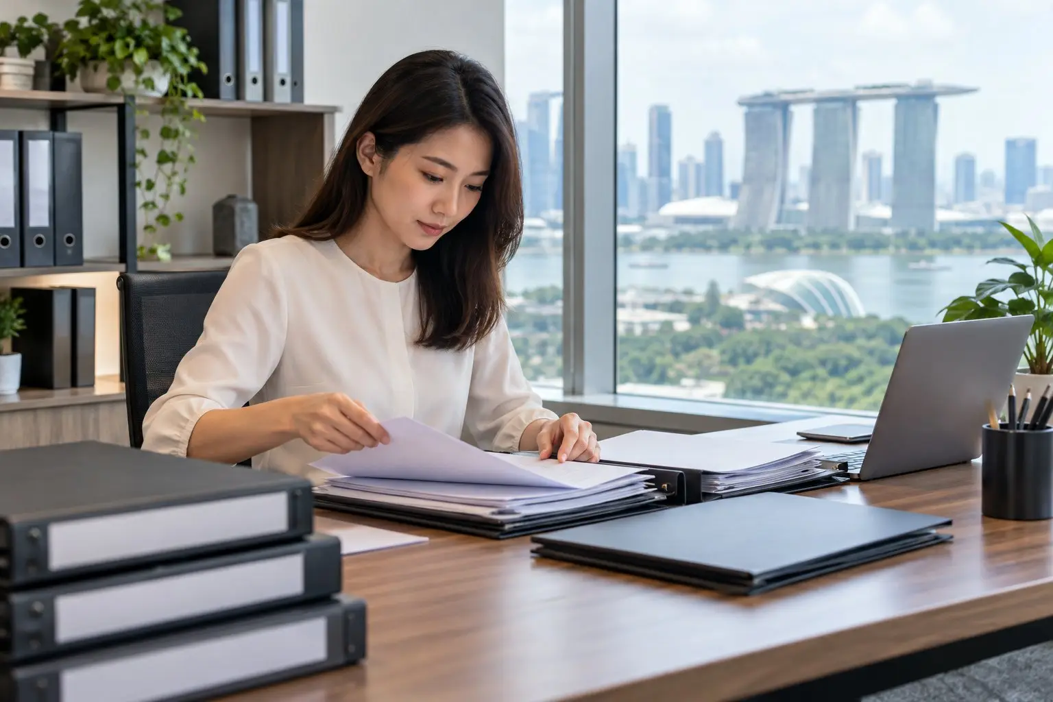 A company secretary organising corporate registers and documents in folders at a tidy desk