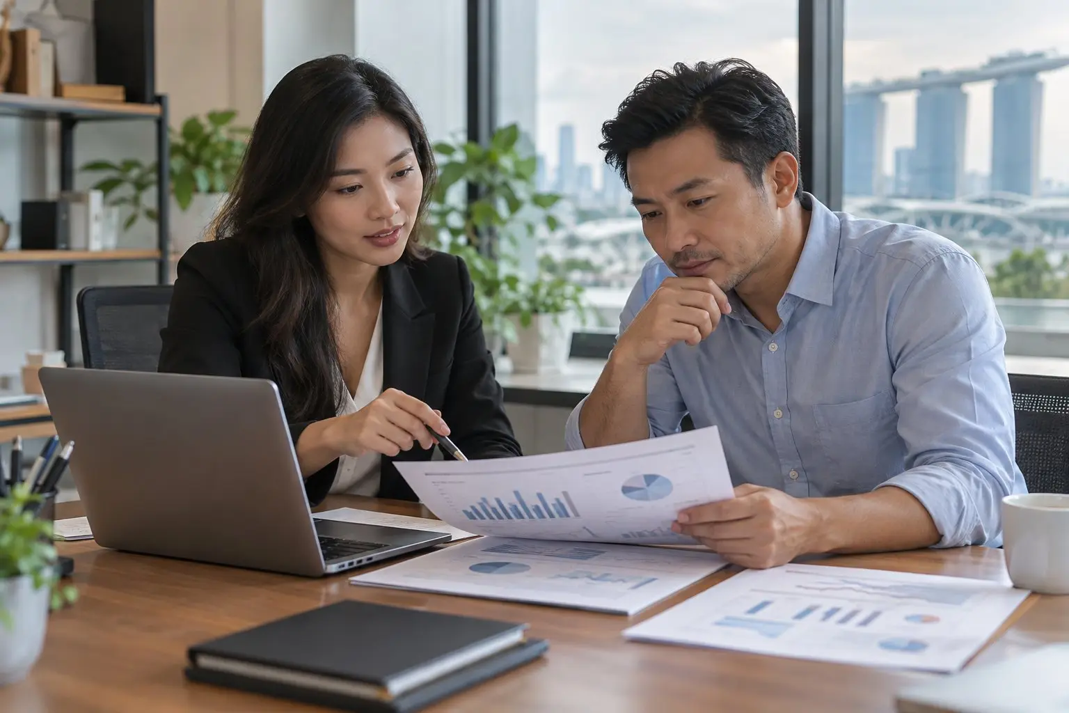 An accountant and a business owner reviewing financial statements at a desk