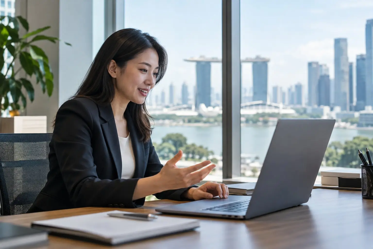 A professional working on a laptop in an office overlooking Singapore's Marina Bay skyline