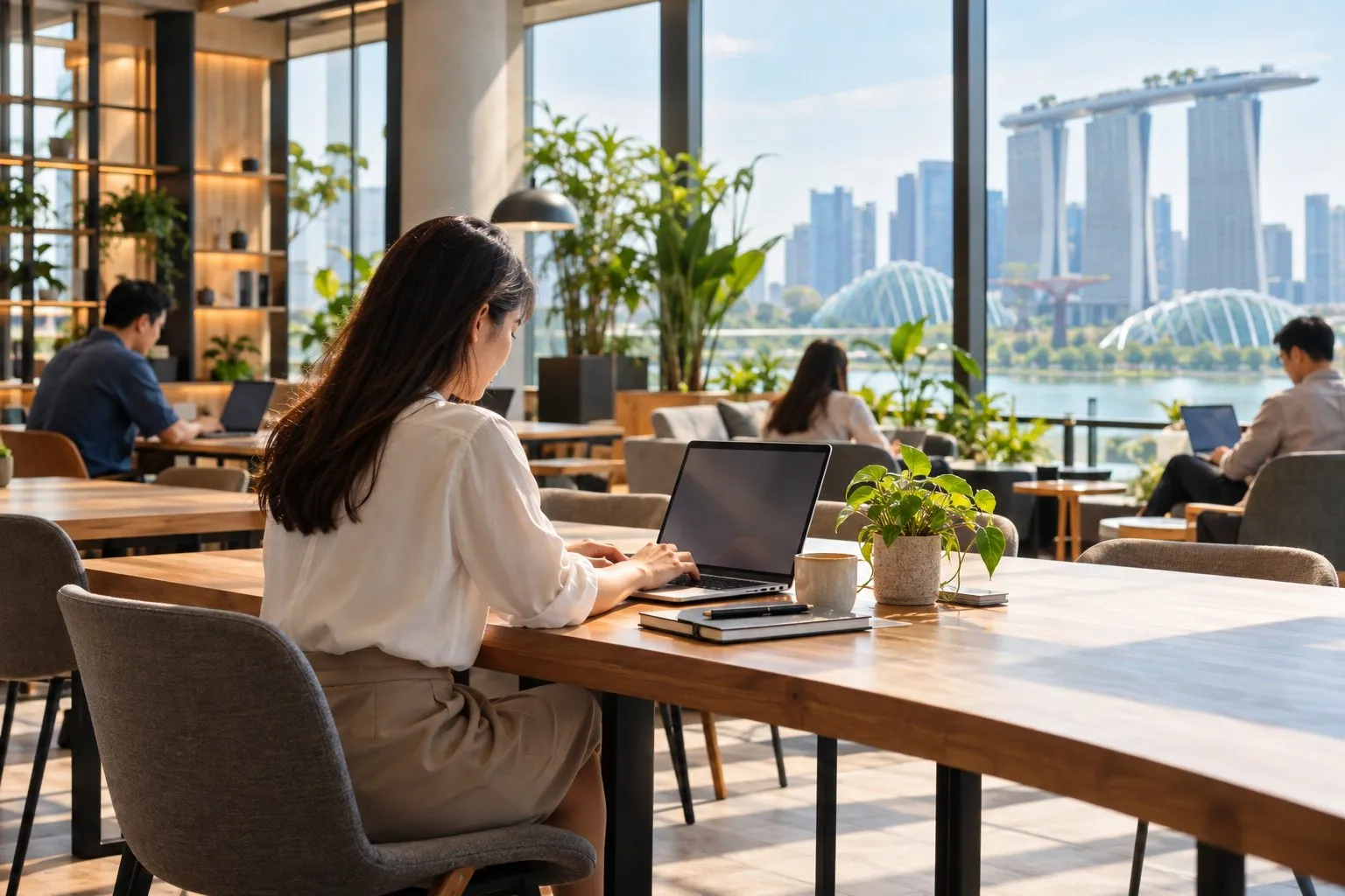 A founder working at a laptop in a bright modern co-working space, planning a new business