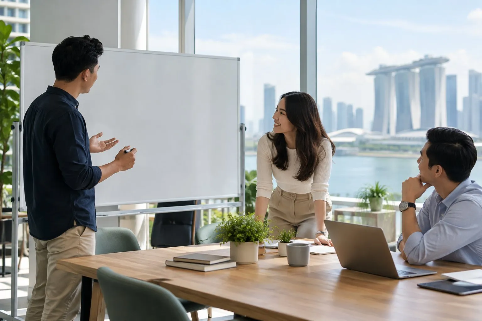 A small team having a relaxed planning discussion around a table with a whiteboard in a modern office