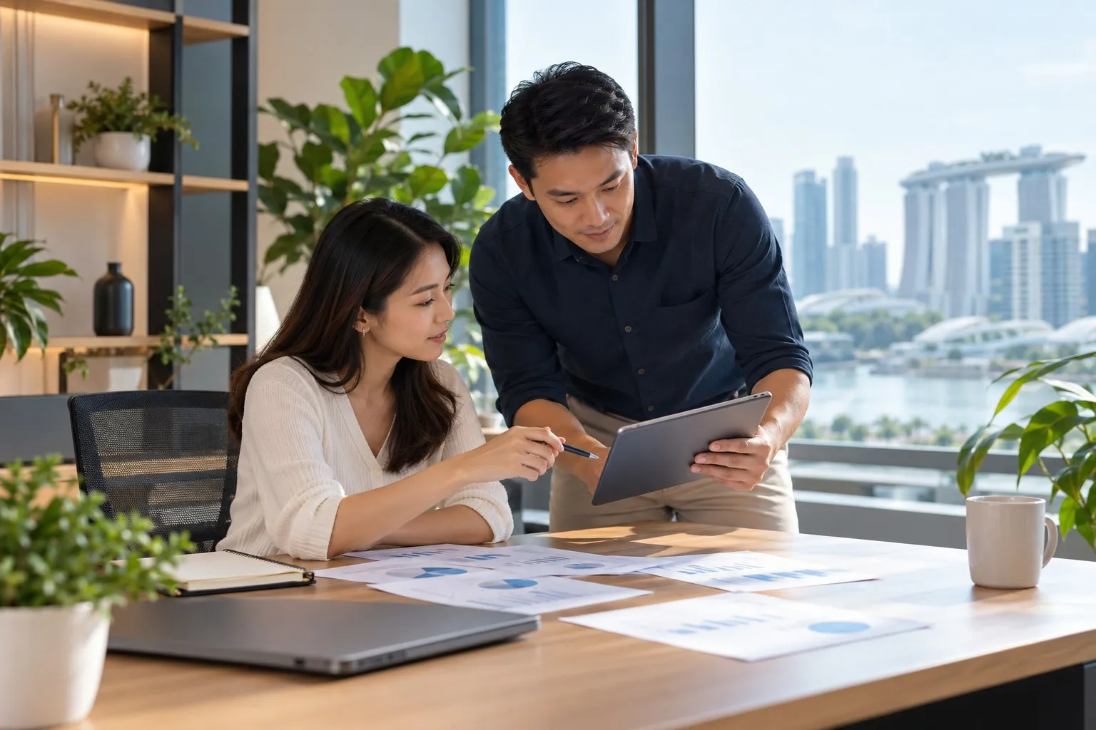 Two colleagues reviewing documents and a tablet together at an office desk